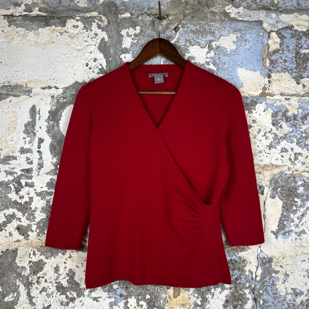Ann Taylor Cashmere Sweater Red Faux Wrap Side Ruched V-Neck Womens M